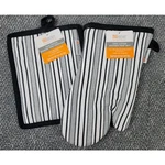 Mu Kitchen Oven Mitt Potholder Black Stripe 100% Cotton Terry Lined 2PC Set Gift. Fixed Price $18.97.