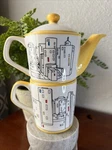 Huesnbrews City Scape Tea Pot & Mug Stacker Set Hand Painted White Yellow. Fixed Price $20.00.