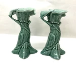 Anthropologie Pair Tropical Hummingbird Candle Holders Green Pottery 5.25". Fixed Price $39.99.
