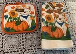Autumn Themed Kitchen Towel Pot Holder Set Boston Terrier Frenchie Dog Brand New. Fixed Price $13.49.