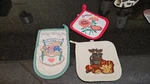 Vintage Cannon Pot Holders & Oven Mitt- 3 Zinnias / Bread Rag Doll Bunny. Fixed Price $25.00.