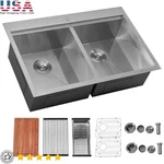 33 Stainless Steel Double Kitchen Sink Topmount Workstation W/ Accessories. Fixed Price $425.58.
