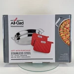 All-clad 15" Oval Roasting Pan Stainless Steel Baker W 2 Bonus Pot Holders. Fixed Price $77.97.
