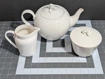 Martha Stewart Collection Teapot Creamer Sugar Bowl Set White Dishwasher Safe. Fixed Price $33.99.