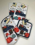 5 Pc Hello Fall Kitchen Set Blue Truck Pumpkin 2 Towels 1 Oven Mitt Potholders. Fixed Price $19.99.