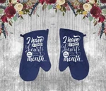 Set Of 2 - Quilted Cotton Oven Mitts Blue Have Good Heart But This Mouth. Fixed Price $18.99.