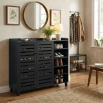 Shoe Cabinet With 2 Doors, 5 Open Compartments, And Tabletop Back Panel. Fixed Price $199.99.