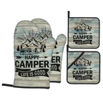 Happy Camper Oven Mitts And Pot Holders Sets Of 4,RESISTANT Hot Pads With Pol.... Fixed Price $33.89.