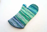 Quilted Batik Fabric Oven Mitt With Stripes Shades Of Blue Hanging Tab. Fixed Price $15.99.
