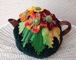 Crochet Tea Cozy Green Cover Autumn Flower Cosy Warmer Fall Time. Fixed Price $65.00.