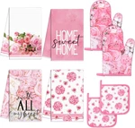 8 Pcs Pink Rose Kitchen Towels And Dishcloths Sets Oven Mitts Pot Holders. Fixed Price $20.81.