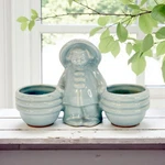 Vtg Blue Ceramic Asian Oriental Figurine Double Ribbed Succulent Planter 7". Fixed Price $21.00.