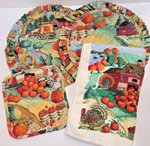 Vintage Fall Farm Country Quilted Pot Holder And 2 Large Round Hot Pad Trivets. Fixed Price $24.99.