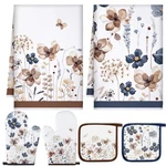 6 Pcs Spring Brown Poppy Floral Kitchen Towels Oven Mitts And Pot Holder Sets.... Fixed Price $31.20.