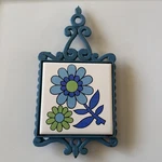 Vtg Blue Flower Cast Iron Tile Trivet Japan 1970'S Retro Kitchen Colorful See. Fixed Price $18.87.