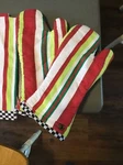 Set Of 2 Mackenzie Child Jolly Stripe Woven Mitts And 3 Towels. Fixed Price $50.00.
