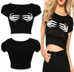 Women Skelton Hand Finger Print Top Ladies Short Sleeve Halloween Party Crop. Fixed Price $6.65.