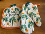 Nwt One Pot Holder & Oven Mitt Coastal Set Hello Sunshine Palm Trees. Fixed Price $11.25.