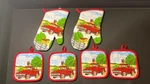 Country Farm Red Truck Rooster 2 Oven Mitts & 4 Pot Holders Apples Kitchen Decor. Fixed Price $22.00.