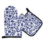 Blue Porcelain Floral Oven Mitts And Holders Set, White Flower Potho.... Fixed Price $21.34.