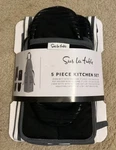 Sur Table 5PC Black Kitchen Set Apron Oven Mitt W/silicone Pot Holder & Mini. Fixed Price $30.00.