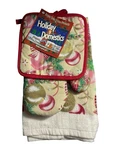Vintage Christmas Kitchen Towel Mitt Potholder 3PC Set Pink Gold Shiny Ornaments. Fixed Price $18.99.