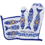 Portugal Sardines Oven Mitt And Pot Holder Set Blue Azulejo Fish Design. Fixed Price $22.95.