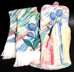 Vintage Floral Swirl Cannon Kitchen Towels Pot Holder Oven Mitt Set 4 Pc 1990S. Fixed Price $10.99.