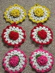 Vtg Handmade Crochet Rose Potholder Trivet Hot Pad Yellow Pink Red Set Of 6. Fixed Price $25.00.