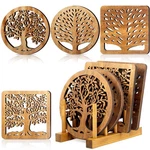 Beeveer 5 Pcs Life Tree Wooden Trivets With Storage Rack Hot Light Color. Fixed Price $43.99.