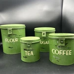 Vtg Tins Canisters Galvanized Metal Green Set Hinged Rustic Distressed Farmhouse. Fixed Price $90.00.
