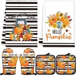 6 Pcs Black Striped Thanksgiving Pumpkin Fall Pot Holders Oven Mitts Towel Set. Fixed Price $24.23.