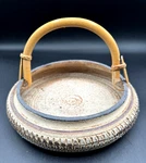 Vtg Red Earth Pottery Studio Signed Round Clay Basket With Rattan Handle. Fixed Price $38.99.