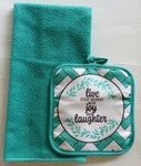 Live Every Moment With Joy & Laughter Kitchen Towel Hot Pad - 2 Piece Set. Fixed Price $9.99.