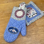 Vtg Superba Sheep Applique Oven Mitt Potholder Set Blue Heart Floral Country 90S. Fixed Price $26.99.