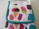 3PC Printed Kitchen Set: 1 Pot Holder, Towel & Oven Mitt, Ice Cream Cones. Fixed Price $8.39.