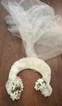 Antique French Net Lace Bridal Headpiece White Flowers Leaves Snood Headband. Fixed Price $59.99.