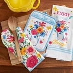 The Pioneer Woman Flowering Frontier Kitchen Towel, Oven Mitt, & Pot Holder Set. Fixed Price $10.49.