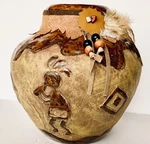 Handmade Clay Pot Kopelli Figure Brown Glaze, Dec.hide Rim Nat American. Fixed Price $17.74.