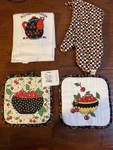 Vtg 90S Mary Engelbreit Cherry Kitchen Set Towel Oven Mitt 2 Potholders At Home. Fixed Price $58.50.