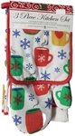 3 Pc Set: 1 Jumbo Pot Holder, Towel & Oven Mitt, Christmas Coffee Cups, Bh. Fixed Price $12.99.