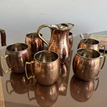 Old Dutch Hand Hammered Copper Plated Odi 7 India 2 Quart Water Pitcher W/ 6 Mug. Fixed Price $100.00.