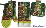 4 Christmas House Green Jingle Bells Oven Mitt & Pot Holders Kitchen Towels. Fixed Price $9.99.