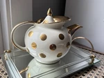 Vintage Teapot W/handle & Lid Mid Century Hall Gold White Polka Dot 6 Cup. Fixed Price $28.95.
