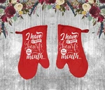 Set Of 2 - Quilted Cotton Oven Mitts Red Have Good Heart But This Mouth. Fixed Price $18.99.