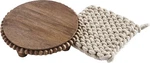 Mud Pie Brown 8" Dia 7" X Beaded Trivet & Crochet Pot Holder Set. Fixed Price $25.00.