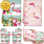 6 Pcs Flamingo Kitchen Towels Pot Holders And Oven Mitts Set Soft Cotton Linen. Fixed Price $17.99.
