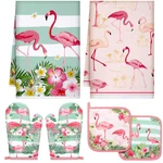 6 Pcs Flamingo Kitchen Towels Pot Holders And Oven Mitts Set Soft Cott. Fixed Price $17.30.