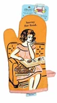 Blue Oven Mitt, Horny For Food, Super-insulated Quilting, 100% Cotton. Fixed Price $16.99.