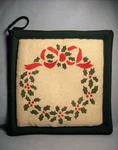 Pot Holder Hand Stenciled Holly Christmas Wreath - New/ Never Used Great Gift. Fixed Price $6.50.